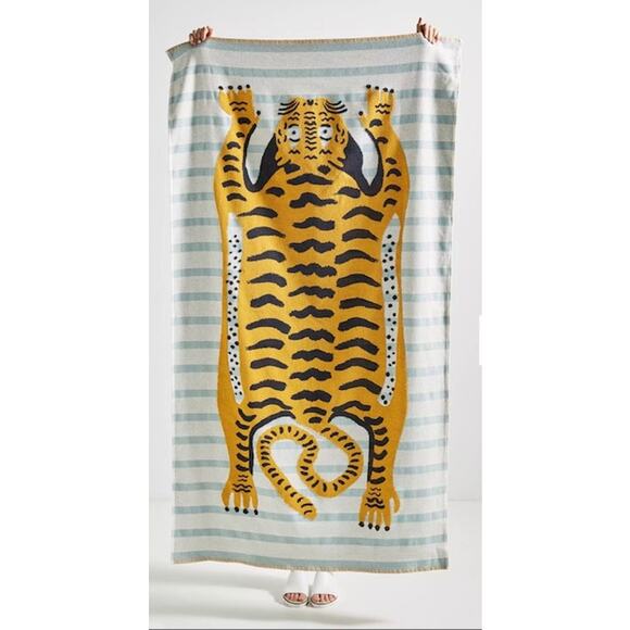 Anthropologie Tiger Cotton Beach Towel-Coral Stripes not Blue - Picture 1 of 2